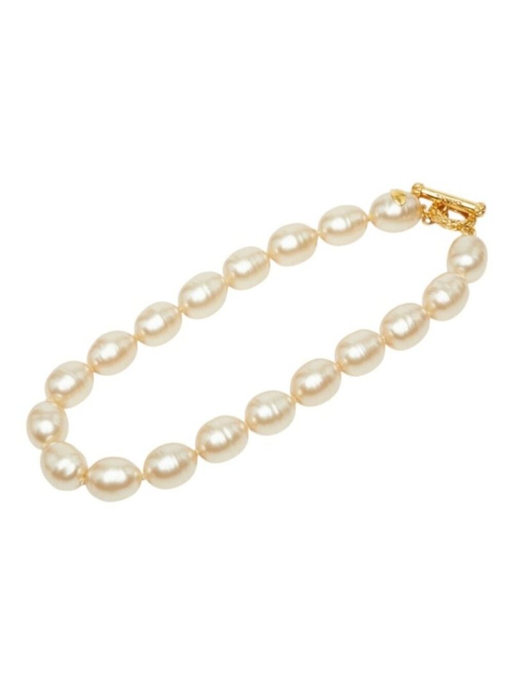 Chanel Toggle Quilted Pattern Vintage Necklace Oval 93A White Gold Faux Pearl